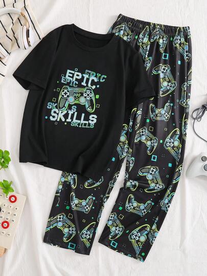 Summer Boys' Casual Minimalist 2 Pieces Loungewear Set, Letter & Game Console Print Round Neck Tee + All-Over Print Pants, Comfortable Fabric, Suitable For Home Wear