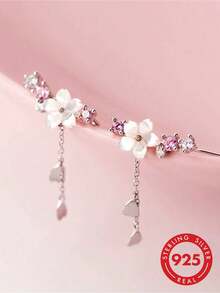 Pendientes de plata de ley con circonita cúbica y flor - regalo perfecto para vacaciones y San Valentín - Plateado - Ver 2