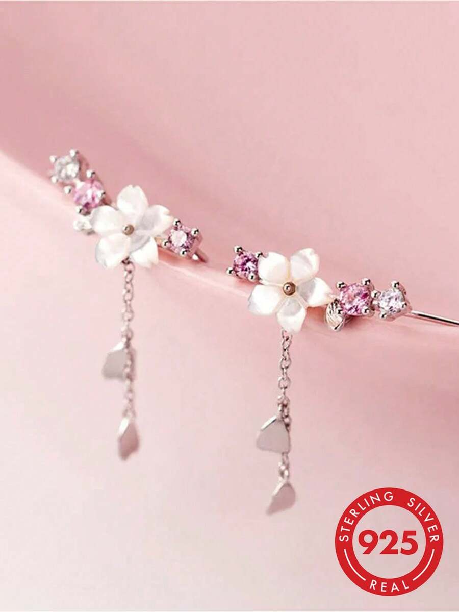 Pendientes de plata de ley con circonita cúbica y flor - regalo perfecto para vacaciones y San Valentín