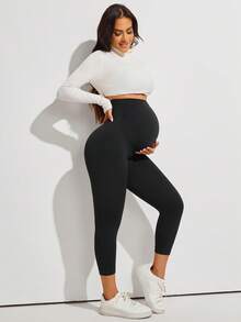 Maternity High Waist Full Length Leggings With Expandable Belly Panel Black Summer - Black - View 6