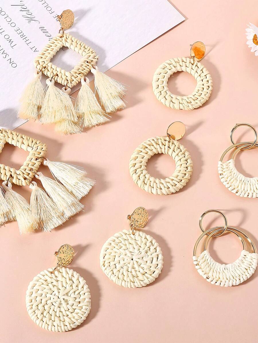 1/4pairs Rattan Earrings For Lightweight Geometric Statement Earrings Handmade Straw Wicker Braid Teardrop Hoop Drop Dangle Earrings - White - View 1