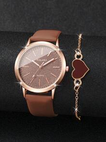 Set de 2 piezas: Reloj de pulsera de mujer de cuarzo con esfera minimalista + Pulsera con dije de corazón, sin caja de reloj incluida - Marrón - Ver 3