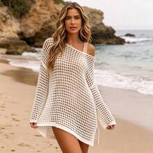 1 Women's White Hollow Crochet Loose Beach Blouse, Slanted Shoulder Backless Bikini With Holiday Sunscreen - 白色 - 查看 1