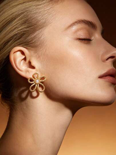 几何镂空纹理金色耳环，法式浪漫壁龛设计，不锈钢首饰，女士沙滩配饰，珍珠耳环，女士耳环套装，日常佩戴派对节日礼物