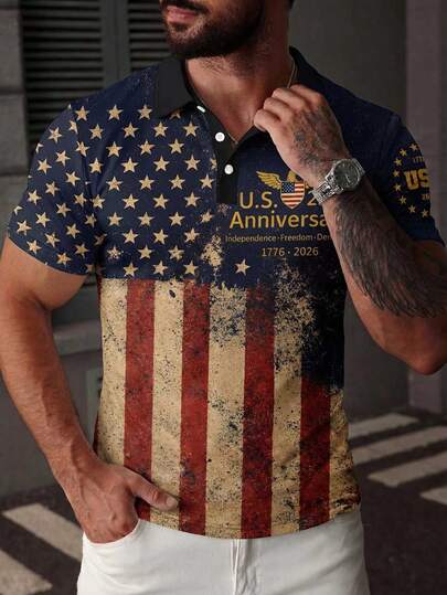 Men's Summer Casual Street Style American Flag Pattern Polo Shirt, Collared Button-Up Polo Shirt For Daily Wear
