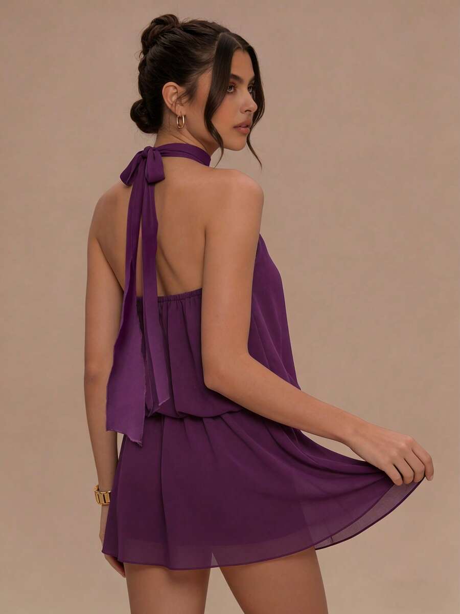 Women's Elegant Solid Purple Halter Neck Tie Backless Chiffon Flowy A-Line Mini Dress For Party Gathering & Summer Vacation - Purple - View 1