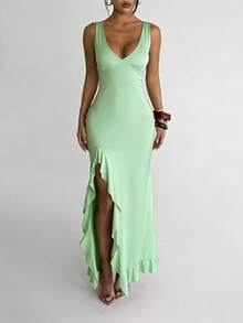 Vestido de verano WOWDARK, ropa de moda para mujer, Día de San Valentín Vestido elegante de unicolor con cuello en V, volantes en el bajo y abertura, adecuado para carnaval, citas, reuniones, fiestas, viajes, vacaciones, playa y otras ocasiones - Verde - Ver 2
