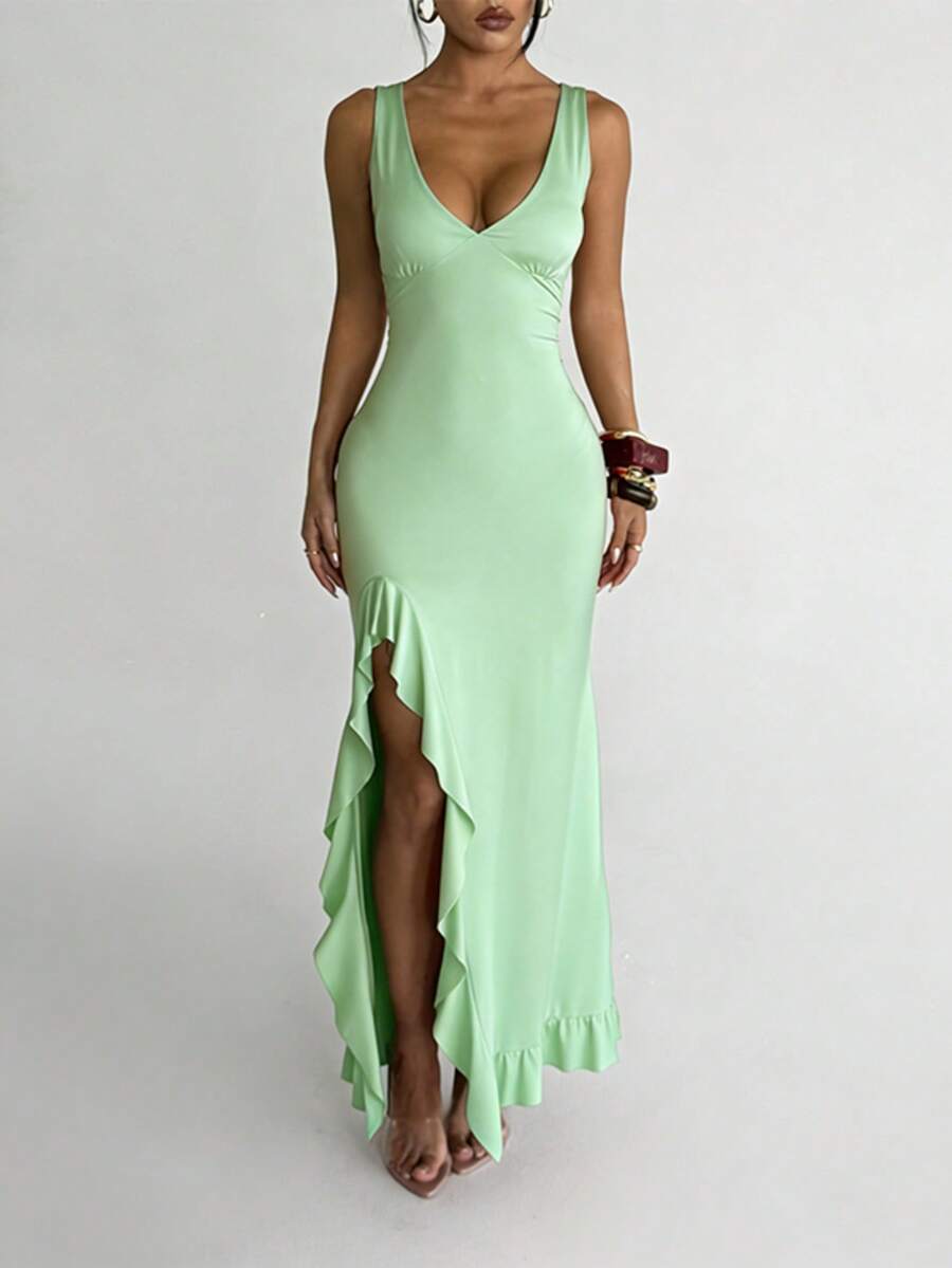 Vestido de verano WOWDARK, ropa de moda para mujer, Día de San Valentín Vestido elegante de unicolor con cuello en V, volantes en el bajo y abertura, adecuado para carnaval, citas, reuniones, fiestas, viajes, vacaciones, playa y otras ocasiones