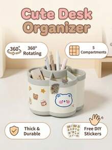 360 Degree Rotating 5-Compartment Pencil Holder - Multifunctional Plastic Desktop Organizer Box For Pens, Pencils And Office Supplies - Suitable For Home, School And Office Use - Multicolor - View 2