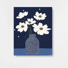 Lienzo plano 2D, 1 pieza, con marco de madera, impresión artística de jarrón azul de puntos con flores de cosmos, pintura botánica minimalista sobre fondo azul, decoración botánica para el hogar, F0157, impresión de moda para decoración del hogar, arte de pared con patrón, decoración para sala de - Enmarcado - Ver 1