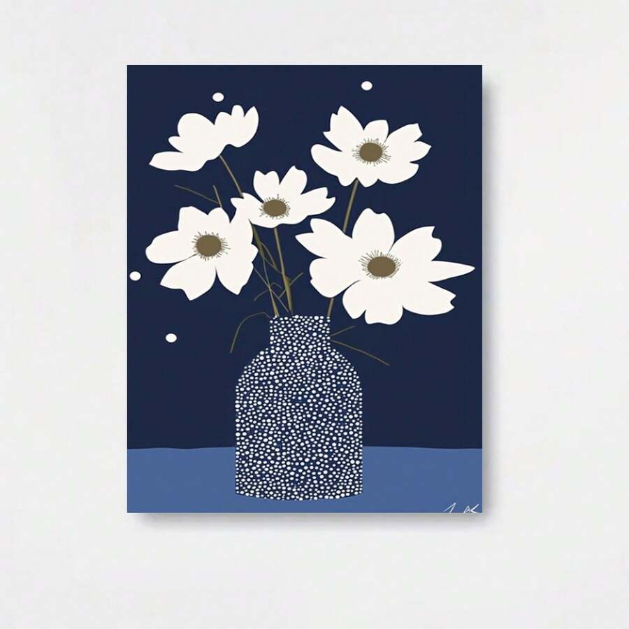 Lienzo plano 2D, 1 pieza, con marco de madera, impresión artística de jarrón azul de puntos con flores de cosmos, pintura botánica minimalista sobre fondo azul, decoración botánica para el hogar, F0157, impresión de moda para decoración del hogar, arte de pared con patrón, decoración para sala de - Enmarcado - Ver 1