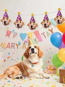 宠物主题生日拉旗，定制猫狗派对装饰，生日帽拍照拉花，宠物生日派对装饰拍照道具。定制宠物生日拉旗，猫狗派对拉花，生日帽拍照彩旗，宠物生日派对装饰 - 彩色 - 查看 3