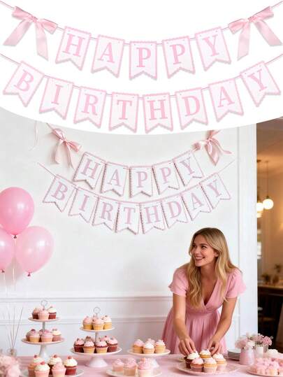 1 pieza Pancarta de Feliz Cumpleaños con Lazo Rosa, Adecuada para Decoraciones de Cumpleaños con Lazo, Apta para Fiesta de Cumpleaños de Niña de 1 Año Interior/Exterior, Telón de Fondo para Fotos y Celebración, Decoraciones de Fiesta de Cumpleaños, Pancarta de Feliz Cumpleaños, Decoración de Cumpleaños