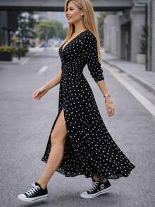 Women Long Dresses - Black Polka Dots - View 5