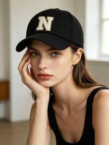 1顶26字母天鹅绒贴片可调节棒球帽，休闲老爹帽，适合街头、旅行、日常佩戴 - 黑色 - 查看 4