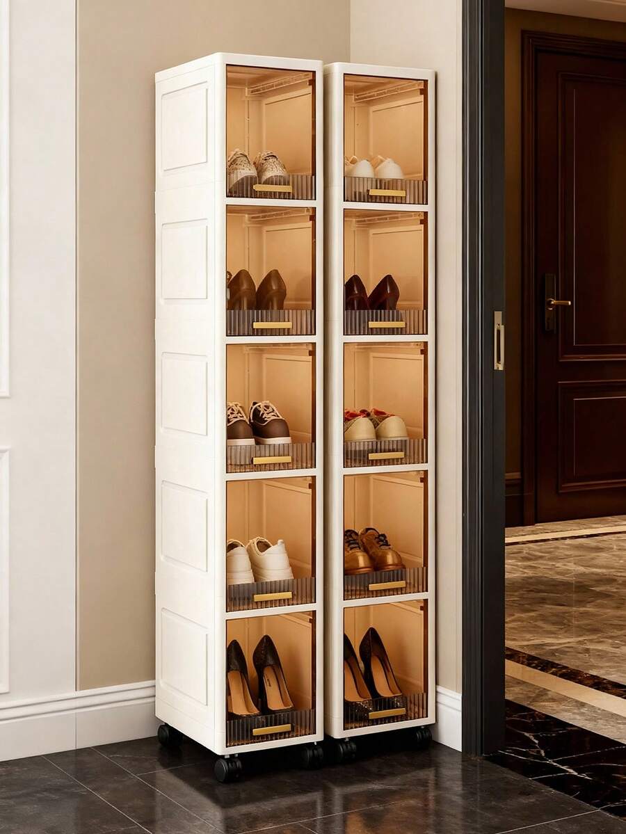 1pc 20cm/7.8in Narrow Gap Flip-Top Storage Cabinet, 3-5 Tier Thickened Plastic Roller Storage Cabinet, Multi-Layer Living Room Clothes Household Dust-Proof Storage Rack