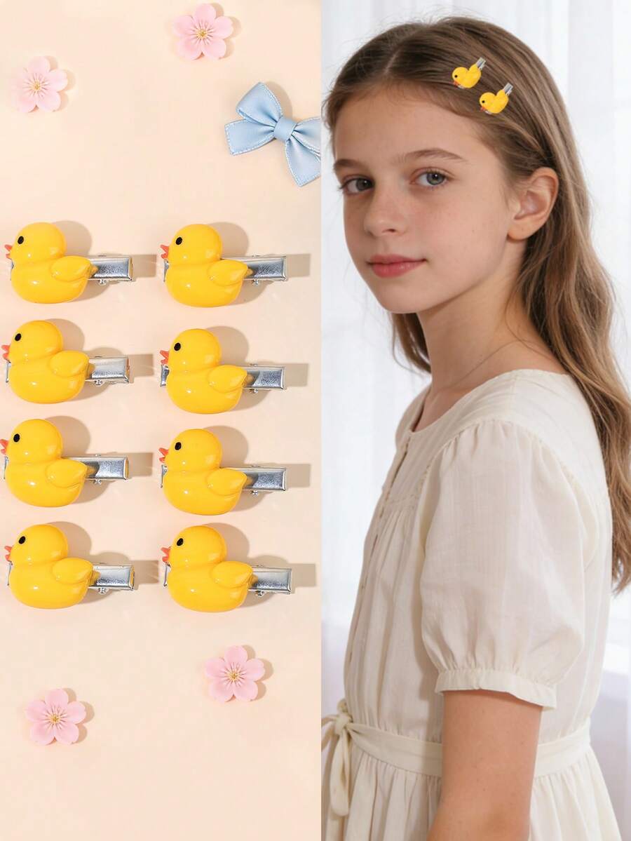8 buc cleme de păr galbene cu rață pentru fete, arcuri delicate în formă de aligator, agrafe simple, cadou de zi cu zi pentru petrecere, agrafe de vacanță, accesorii de păr pentru adolescenți - Galben - Vizualizare 1