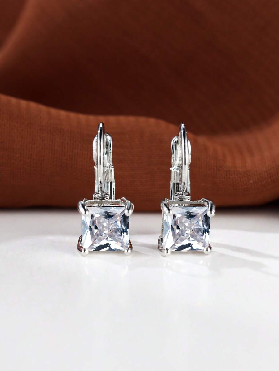 Vanel 1 Đôi bông tai CZ màu bạc tối giản, kiểu dáng thanh lịch, bông tai móc cài đơn giản, trang sức thời trang dành cho nữ, thích hợp đeo hàng ngày và dự tiệc. - trắng bạc - Xem 1