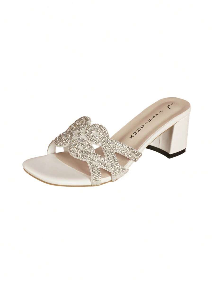 Women's Solid Color Glamorous PU Leather Rhinestone High Heel Sandals, Square Toe Chunky Low Heel Slip-On Shoes For Party, Spring/Summer - White - View 1