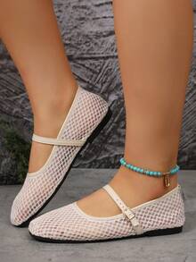 2026夏季新款女士平底方头芭蕾舞鞋，网眼透气镂空舒适玛丽珍鞋 - 糯米白色 - 查看 5