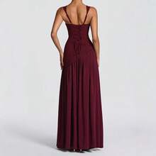 Summer New Women's Fashion Elegant Temperament Long Dress With Slit, Sexy Strap, Solid Color Pleated Gown, Evening Party Date Dress For Women Summer Dresses For Women - Màu Đỏ Sâu - Xem 5