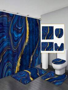 1pc/4pcs Gold-Trimmed Blue Marble Bathroom Shower Curtain Set, Waterproof Polyester Shower Curtain, Bathroom Decor Window Curtain, Non-Slip Bath Mat, Toilet Lid Cover, 70.9" X 70.9", 12 Hooks Included - Modern Style For Home Decor, Suitable For Bathroom, Bedroom, Living Room, Housewarming Gift - All Season - A - View 2