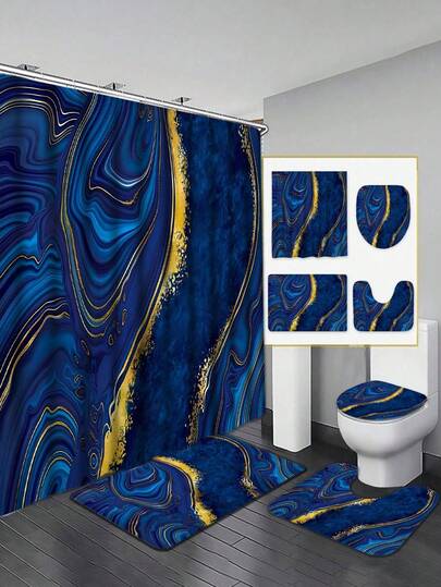 1pc/4pcs Gold-Trimmed Blue Marble Shower Curtain Set, Bathroom Mat, U-Shaped Toilet Lid, Waterproof Polyester With 12 Hooks, Washable Bathroom Or Bathtub Decor, Perfect Holiday Gift For Friends And Family