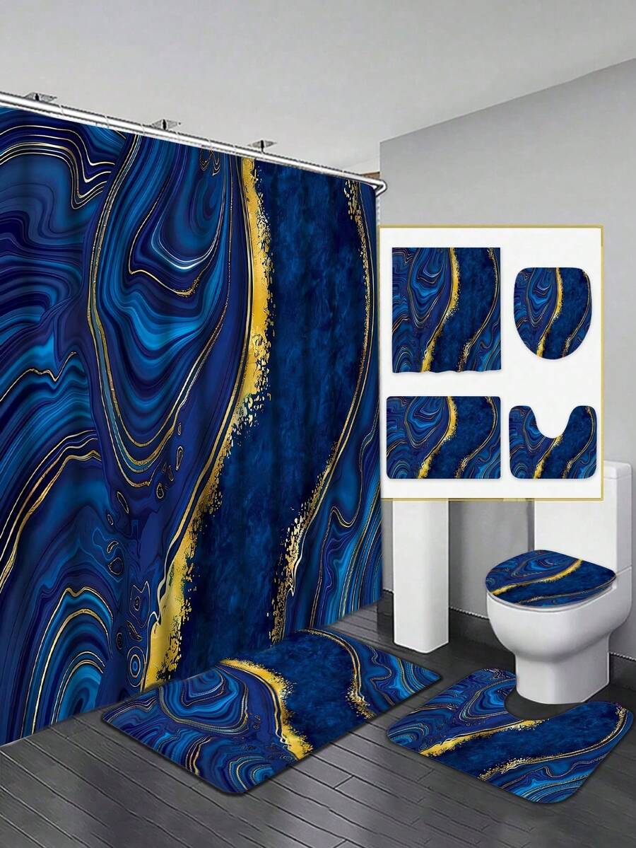 1pc/4pcs Gold-Trimmed Blue Marble Bathroom Shower Curtain Set, Waterproof Polyester Shower Curtain, Bathroom Decor Window Curtain, Non-Slip Bath Mat, Toilet Lid Cover, 70.9" X 70.9", 12 Hooks Included - Modern Style For Home Decor, Suitable For Bathroom, Bedroom, Living Room, Housewarming Gift - All Season