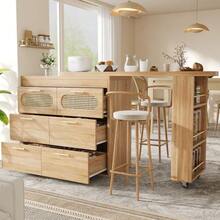 Bar Table With 6 Drawers & PE Rattan Doors, 360° Rotating Standing Table With Anti-Tip Device, Ample Storage Space, Metal Handles, Bistro Table For Living Room, Kitchen, Dining Room, Work Area - 駝色 - 查看 2