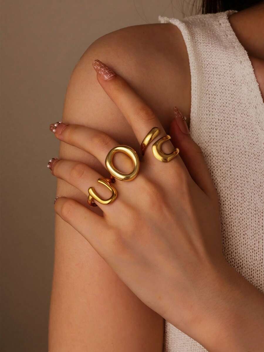 3pcs/Set Minimalist Geometric Stainless Steel Metal Smooth Rings Set - Multicolor - View 1