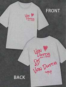 Black 1pcs Women's Double-Sided Printing Von Dutchh Heart Logo With Key And Year 1999 Fabric Soft & Skin-Friendly Unisex Style Gifts For Spring Festival, Valentine's Day, St. Patrick's Day & World Cup-Van Dutch Dragon Print Women T Shirt Classic Americana Style Graphic Tee - 灰色 - 查看 5