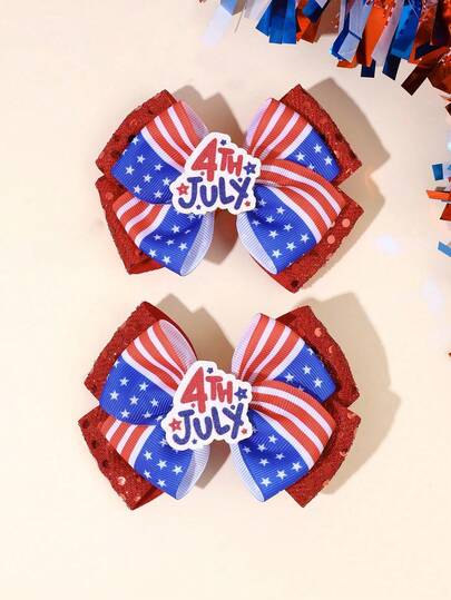 Bộ 2 chiếc kẹp tóc nơ vải sọc nhiều màu sắc mừng ngày Quốc khánh Mỹ 4 tháng 7, kẹp tóc nơ in hình cờ Mỹ, kẹp tóc lấp lánh, phụ kiện tóc cá nhân hóa, quà tặng tiệc tùng ngày lễ cho bé gái.