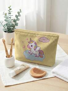 1pc Cartoon Horse Print Large Capacity Lightweight Versatile Cosmetic Bag, Corduroy Toiletry Makeup Bag For Lipstick, Brushes, Skincare, Phone, Coins, Small Items, Suitable For Home, Gift, Vacation, Holiday, Multifunctional Pouch For Teenagers, School, Back To School Supplies, Makeup And Toiletry Storage, Dorm Room Organizer - Multicolor - View 3