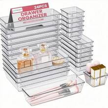 24pcs Clear Plastic Organizer, Acrylic Organizers For Desk, Kitchen Drawer Organizer And Cosmetics Containers, Make Up Organizers For Vanity, Junk Drawer, Vanity Organizer And Brush Holder, Desk & Drawer Organizer For Home Storage - White - View 1