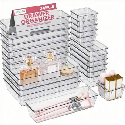 24pcs Clear Plastic Organizer, Acrylic Organizers For Desk, Kitchen Drawer Organizer And Cosmetics Containers, Make Up Organizers For Vanity, Junk Drawer, Vanity Organizer And Brush Holder, Desk & Drawer Organizer For Home Storage