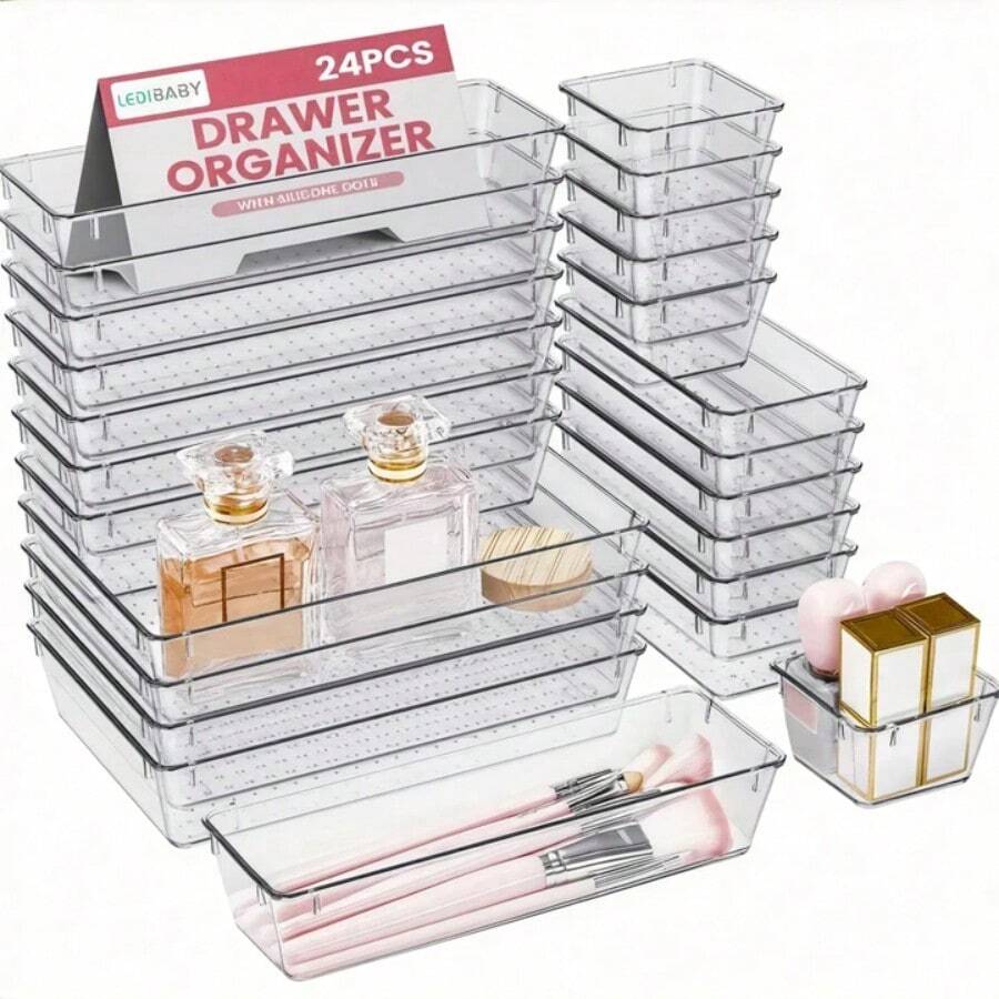 24pcs Clear Plastic Organizer, Acrylic Organizers For Desk, Kitchen Drawer Organizer And Cosmetics Containers, Make Up Organizers For Vanity, Junk Drawer, Vanity Organizer And Brush Holder, Desk & Drawer Organizer For Home Storage - White - View 1