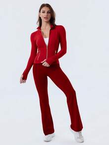Women's High Stretch Slim Fit BBL Jacket Gold Zip Up Stand Collar Thumb Hole Activewear Top Multi Color Gym Workout Casual Wear - New Year Red/Gold - 查看 3