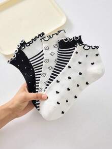 5/10 Pairs Women's Ruffled White & Black Short Socks, Heart Stripe Spot Patterns Elegant Style Ankle Socks, Suitable For All Seasons - Multicolor - View 6