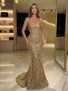 Must-Have Outfits Spring/Summer 2026 Gold Sequined Neck Pleated Slim Fishtail Mopping Floor Dress Banquet Party Elegant Dress - 金色 - 查看 6