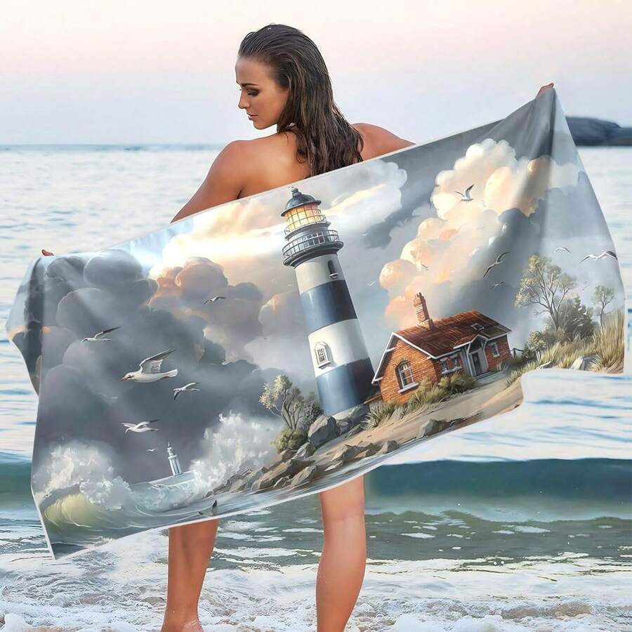 Elegant Retro Lighthouse Waves Beach Towel, Practical Picnic And Swimming - 30*59inch - View 1