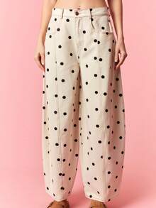 Women Barrel Jeans Dot Print Loose Denim Pants Spring Casual Baggy Trousers Fashion Wide-Leg Pants - màu đen - Xem 5