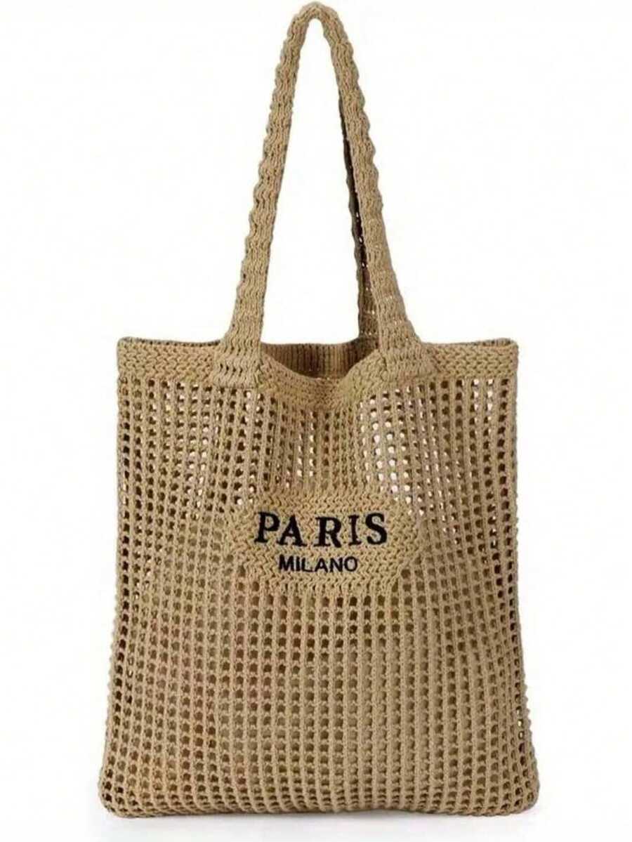 Knitted Shoulder Bag, Versatile Beach Tote Bag With Embroidered Hollow Letter Design, Casual Travel , Beach Bag - 粉色 - 查看 1