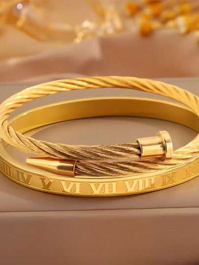 2 chiếc vòng tay nam mạ vàng cổ điển với chữ số La Mã, vòng tay hở bằng dây thép không gỉ có thể điều chỉnh, trang sức thời trang phong cách punk làm quà tặng cho bố hoặc bạn trai.
