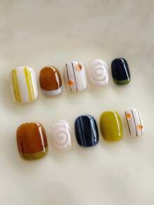 10pcs Pure Handmade Short Oval Press On Nails, Retro Art Style, Caramel Color Color Block, Geometric Stripe & Spiral Line With Small Orange Bead Patterns For Women And Girls, Spring Summer Fall Winter Festivals Party And Daily Life Use - 彩色 - 查看 2