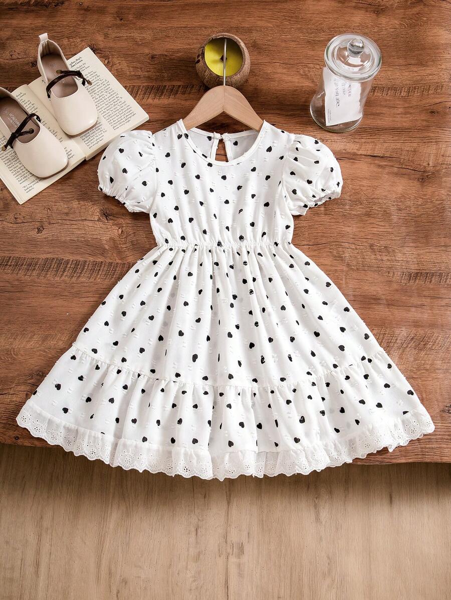 Toddler Girls' Sweet Fresh Cute Heart Print Dress, Puff Sleeve Doll Dress, White Dotted Fabric, Princess Style For Spring/Summer Daily Wear, Loose Comfortable Silhouette, Lace Trim Hem, Soft & Adorable Style Suitable For School, Outdoor Play, Family Gathering, Vacation Photo Shoot And More Occasions - White - View 1
