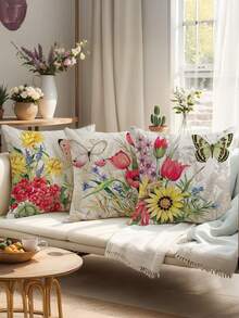 4pcs 17.7X17.7 Inch Decorative Spring Floral & Butterfly Pattern Farmhouse Style Linen Throw Pillow Covers, Suitable For Sofa, Couch, Living Room, Outdoor - Beige - View 2