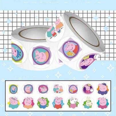 Hasbro 500 ชิ้น สติกเกอร์การ์ตูนรูปครอบครัวหมูสีชมพูน่ารักแบบม้วน, สติ๊กเกอร์กลมกันน้ำมีกาวในตัวพร้อมดีไซน์สัตว์หลากสีสัน, เหมาะสำหรับรางวัลเด็ก, ของชำร่วยงานปาร์ตี้, ห่อของขวัญ, สมุดภาพ & งานฝีมือ DIY