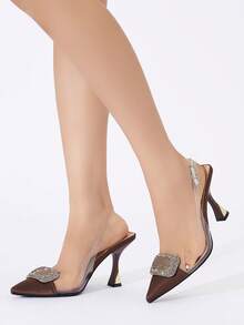 Sepatu hak tinggi stiletto ujung runcing wanita dengan hiasan gesper logam berlian imitasi, modis dan elegan untuk perjamuan, pesta, kegiatan luar ruangan, kencan, hadiah ulang tahun, gaun, paduan serbaguna, musim semi/panas/gugur/dingin, hak tinggi PVC cokelat kopi. - Coffee Brown - View 4