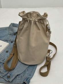 1 Piece Drawstring Waistband Printed Small Crossbody Bag, Stylish Casual Canvas Tote For Men And Women, Simple And Versatile Bucket Bag, Suitable For Daily Outings, Work, Shopping, Outdoor Travel, Commuter And Multi-Scenario Use, Hiking Bag - 卡其色 - 查看 5
