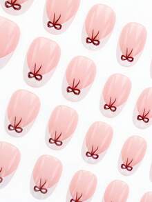 Bộ 24 móng tay giả kiểu dáng ngọt ngào, móng giả ngắn hình bầu dục, màu hồng nhạt kiểu Pháp, móng giả đính nơ (bao gồm sơn gel và dũa móng) - Nhiều màu - Xem 4